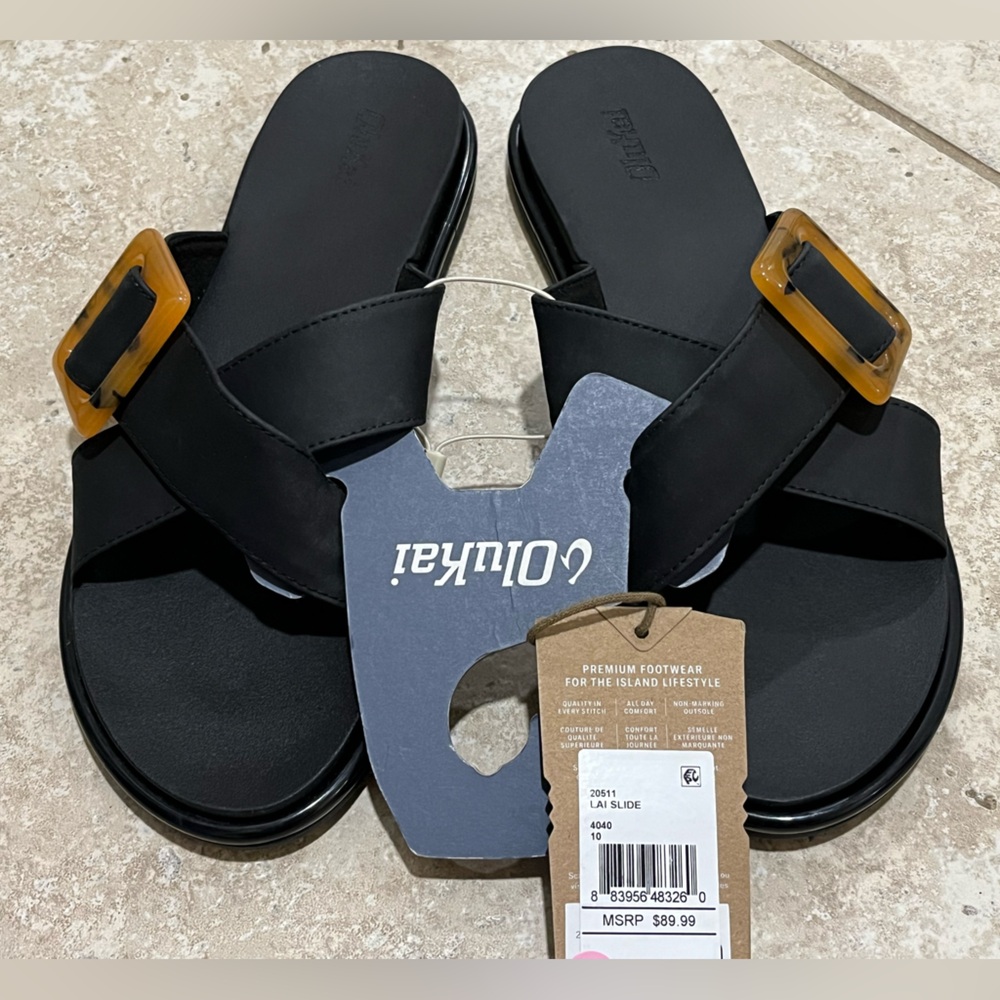 Olukai Lai La’i Slide Black Sandals with Tortoise Shell Buckle Women’s 10 NEW